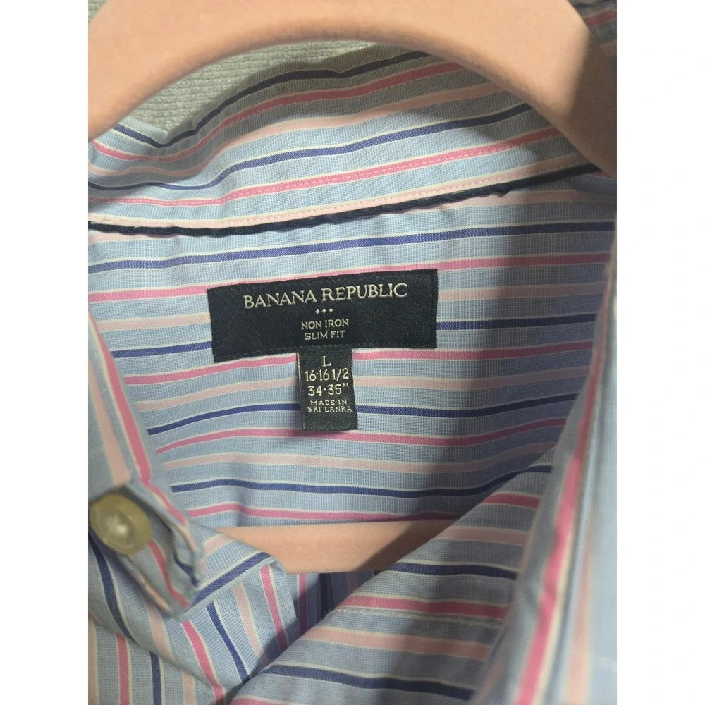 Banana Republic Mens Non Iron Slim Fit Dress Shirt Blue Pink Striped L 16-16.5